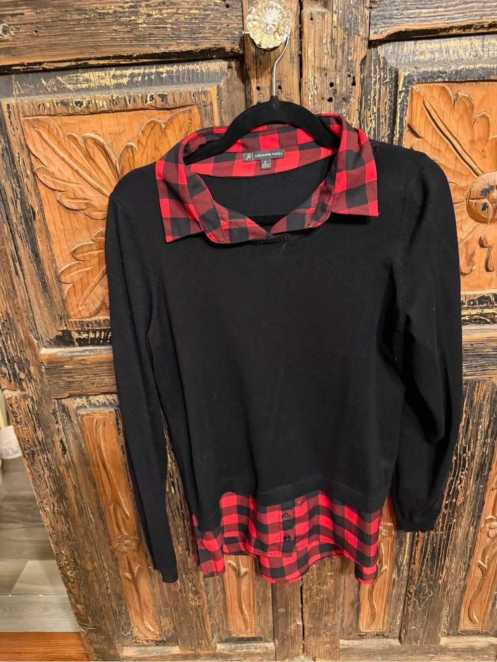 Black Pullover Top with Red Plaid Trim - Ladies